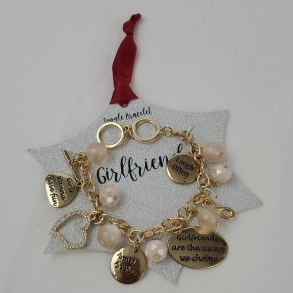 Girlfriend Toggle charm Bracelet Friends Gold faux pearls heart gold blush pink - Picture 11 of 11